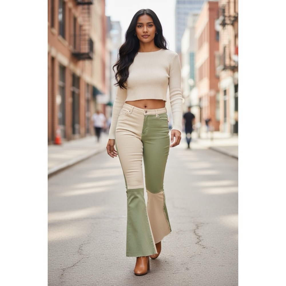 Peach Love Sage & Tan Color Block Flares | 90s Retro Denim - Picture 9 of 9